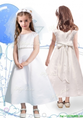 Modest Scoop Cap Sleeves Satin Flower Girl Dress with Sashes