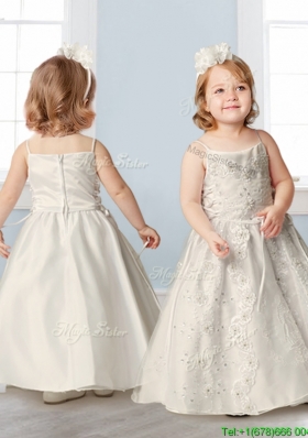 Perfect Spaghetti Straps Beading and Appliques Flower Girl Dress in Champagne