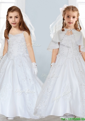 Popular Spaghetti Straps Satin Flower Girl Dress with Lace and Beading