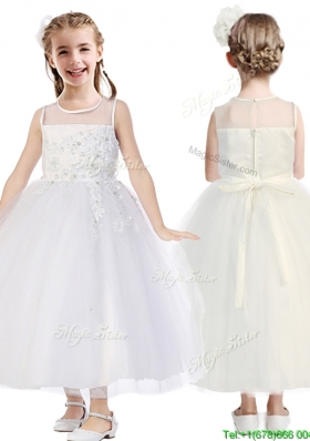 See Through Scoop Tulle Flower Girl Dress with Appliques and Beading