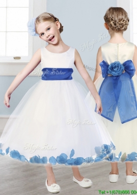 Beautiful Scoop White Flower Girl Dress with Hand Made Flowers and Appliques