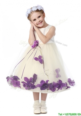 Gorgeous Scoop Girls Party Dress with Purple Hand Made Flowers and Appliques