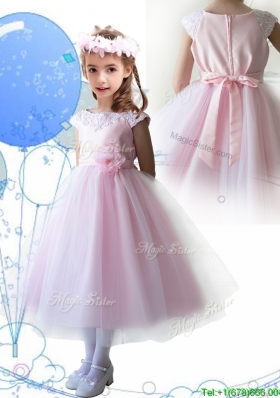 Lovely Scoop Hand Made Flowers and Appliques Girls Party Dress in Baby Pink