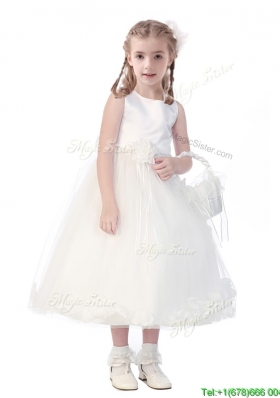 New Style Scoop Hand Made Flowers and Appliques Girls Party Dress in White