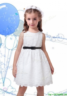 Popular Laced Scoop Girls Party Dress with Black Sashes