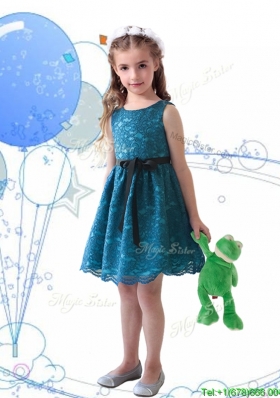 Wonderful Laced and Sashed Scoop Girls Party Dress in Teal