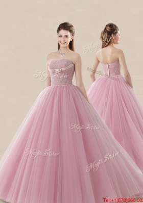 Luxurious Strapless Brush Train Sweet 16 Dress with Lace and Bowknot