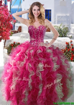 Visible Boning Beaded and Ruffled Quinceanera Dress in Hot Pink