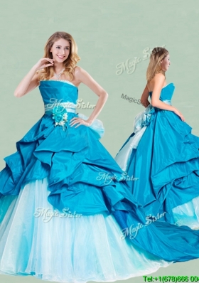 Beautiful Handcrafted Flowers and Ruffled Strapless Sweet 16 Quinceanera Gowns with Brush Train