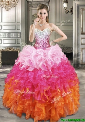 Fashionable Beaded Bodice and Ruffled Quinceanera Dress in Gradient Color