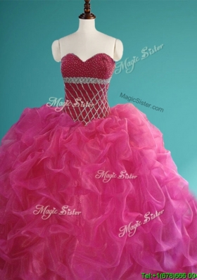 Gorgeous Beaded and Pick Ups Organza Sweet 16 Dress in Fuchsia