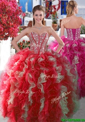 Visible Boning Beaded and Ruffled Quinceanera Gown in Red and White