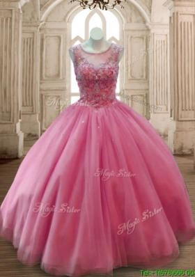 Fashionable Scoop Rose Pink Tulle Quinceanera Dress with Beading