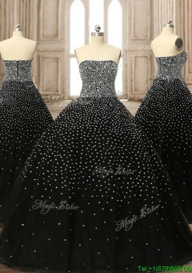 Latest Strapless Beading Black Quinceanera Dress with Brush Train
