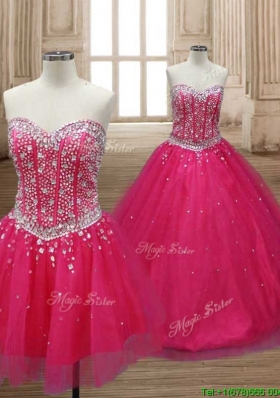 Wonderful A Line Hot Pink Detachable Quinceanera Dress with Beading