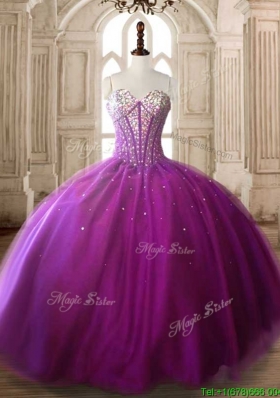 Modest Beaded Bodice Big Puffy Quinceanera Dress in Fuchsia