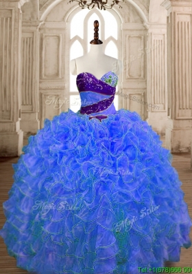 Hot Sale Beaded and Ruffled Organza Quinceanera Dress in Blue