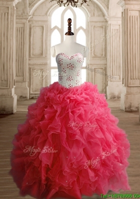 Latest Beaded Bodice and Ruffled Quinceanera Dress in Coral Red