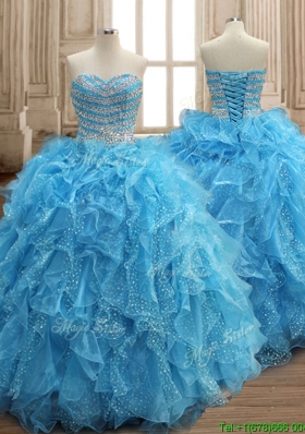 Perfect Aqua Blue Organza Quinceanera Dress with Beading and Ruffles