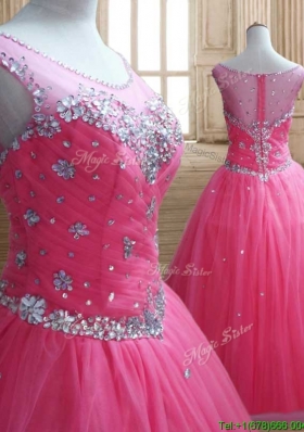 See Through Scoop Rose Pink Quinceanera Dress with Beading
