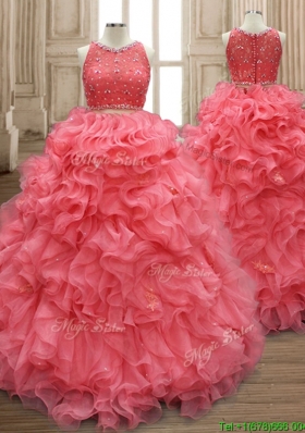 Two Piece Scoop Watermelon Red Quinceanera Dress with Beading and Ruffles