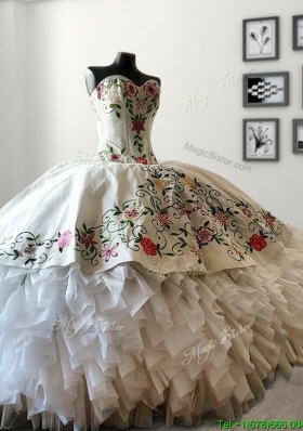 Modern White Big Puffy Quinceanera Dress with Embroidery and Ruffles
