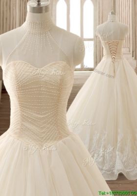 See Through High Neck Champagne Quinceanera Dress with Beading and Appliques