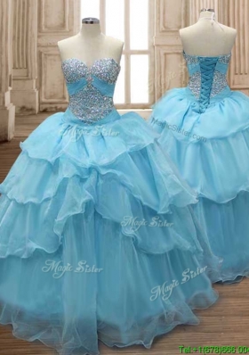 Comfortable Baby Blue Organza Sweet 16 Dress with Beading and Ruffled Layers