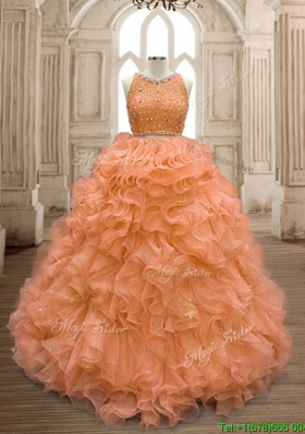 See Through Scoop Beaded and Ruffles Quinceanera Dress in Orange