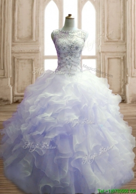 See Through Scoop Lavender Sweet 16 Dress with Beading and Ruffles