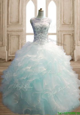 See Through Scoop Light Blue Quinceanera Dress with Beading and Ruffles