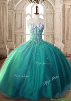 Visible Boning Beaded Bodice Tulle Quinceanera Dress in Turquoise