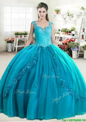 Elegant Straps Beaded and Applique Quinceanera Dress in Turquoise