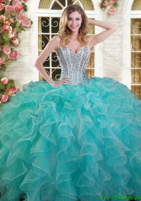Exquisite Ruffled and Beaded Aqua Blue Quinceanera Dress in Organza