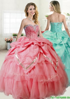 Gorgeous Beaded and Pick Ups Quinceanera Dress in Coral Red