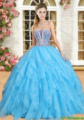 Perfect Beaded and Ruffled Aqua Blue Sweet 16 Dress in Organza