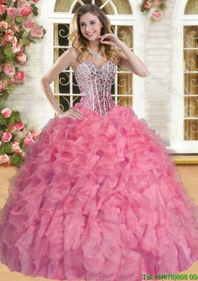 Wonderful Beaded and Ruffled Coral Red Quinceanera Gown in Organza