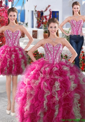 Gorgeous Hot Pink and White Detachable Quinceanera Dresses with Beading and Ruffles