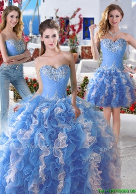 Pretty Blue and White Organza Detachable Sweet 16 Dresses with Appliques and Ruffles