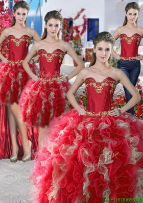 Wonderful Red and Champagne Organza Detachable Quinceanera Dresses with Appliques and Ruffles