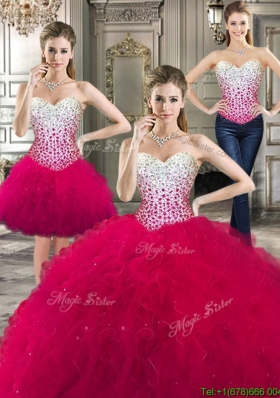 Cheap Beaded Bodice and Ruffled Detachable Quinceanera Dresses in Hot Pink