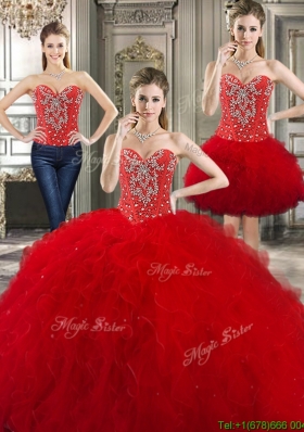 Fashionable Beaded and Ruffled Detachable Quinceanera Dresses in Red