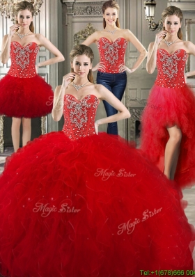 Romantic Tulle Red Detachable Sweet 16 Dresses with Beading and Ruffles