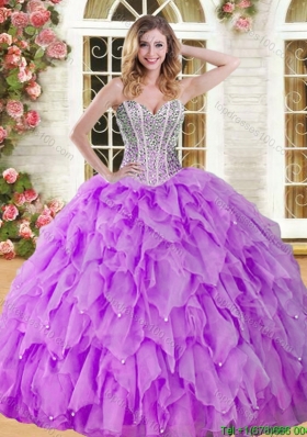 Visible Boning Beaded and Ruffled Quinceanera Dress in Eggplant Purple