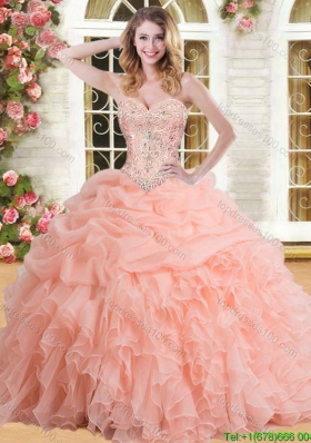 Cheap Organza Peach Quinceanera Dress with Appliques and Ruffles