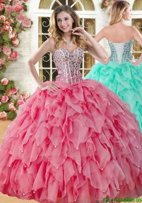 Perfect Big Puffy Coral Red Quinceanera Dress with Beading and Ruffles