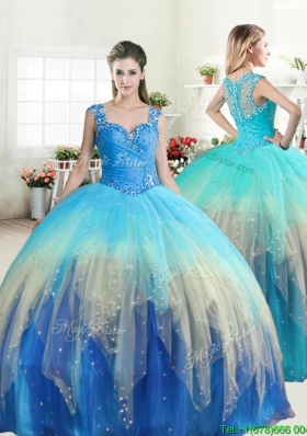 Unique Straps Rainbow Quinceanera Dress with Ruffled Layers and Beading