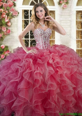 Beautiful Coral Red Big Puffy Quinceanera Dress with Ruffles and Beading