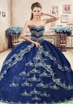 Classical Navy Blue Organza Sweet 16 Dress with Beading and Appliques