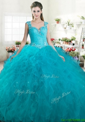 Gorgeous Straps Beaded and Ruffled Quinceanera Dress in Turquoise